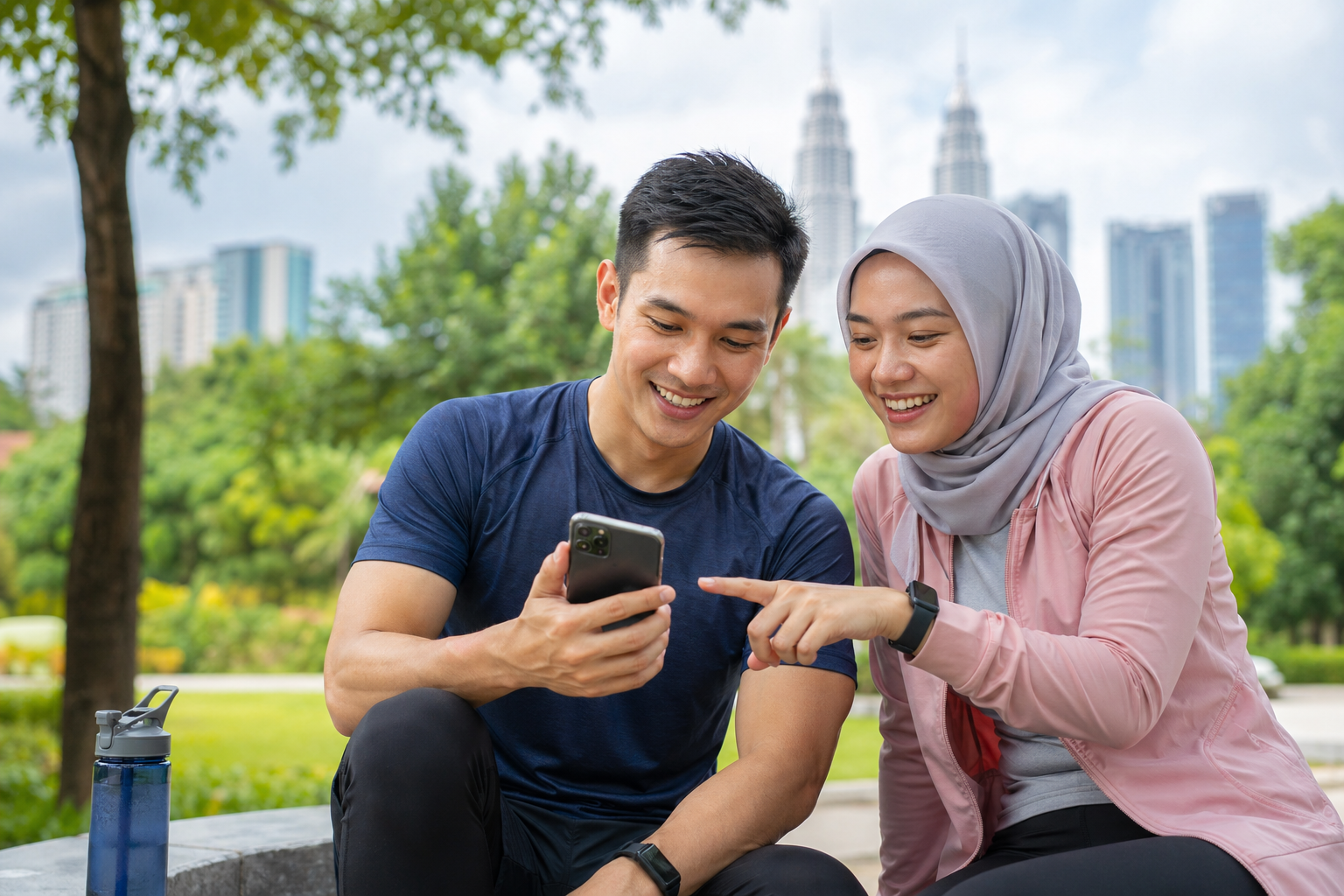Health-conscious Malaysian reviewing wellness information outdoors